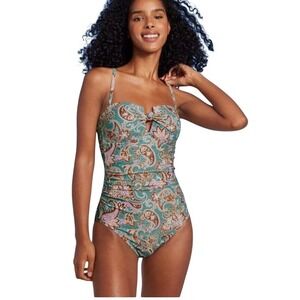 Shade & Shore Women's Shirred Bandeau One Piece Swimsuit Paisley‎ Size Small